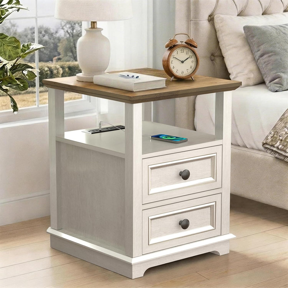 End Table with USB C Charging Station, 18" Wide Side Table with 2 Drawer...
