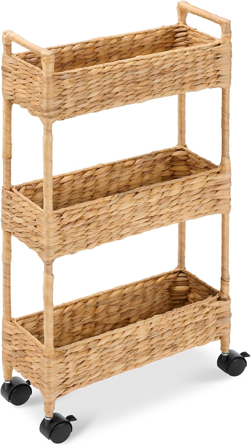 Best Choice Products 3-Tier Slim Water Hyacinth Rolling Nursery Caddy w/Wheels, Handwoven Utility Cart, Narrow Storage Organization for Bathroom, Craft Room, Laundry Room - Natural