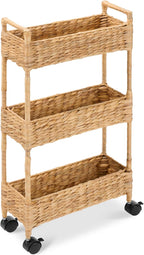 Best Choice Products 3-Tier Slim Water Hyacinth Rolling Nursery Caddy w/Wheels, Handwoven Utility Cart, Narrow Storage Organization for Bathroom, Craft Room, Laundry Room - Natural