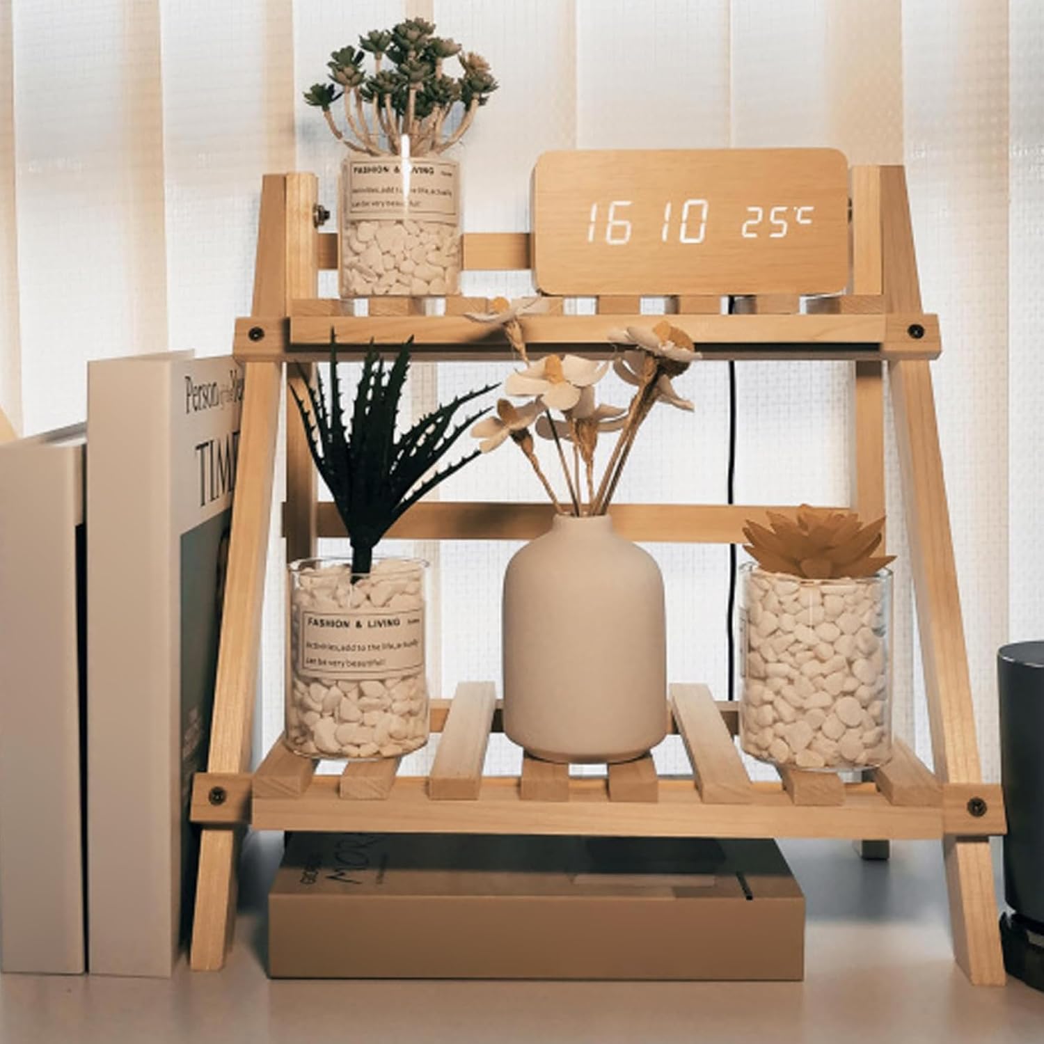 2 Tier Wooden Ladder Shelf for Table Shelf Unit 34x18x35cm Foldable Standing Simple Style Trapezoidal Flower Ladder Stand for Garden Living Room Bedroom