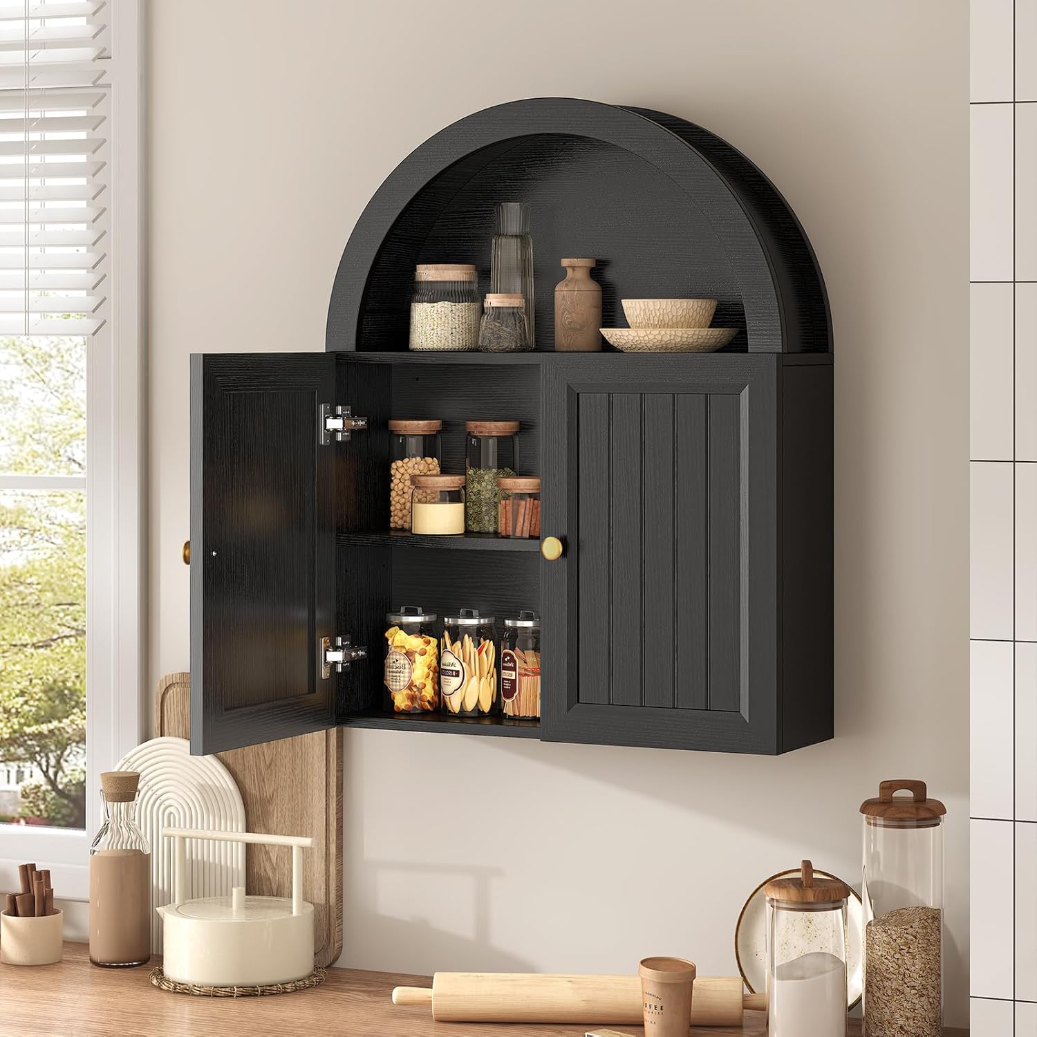 Arched Bathroom Wall Cabinet, 23.6 x 30.3'' Over The Toilet Cabinet with Grille Door, Adjustable Shelf, Wall Mounted Cabinets for Bathroom Laundry Room Kitchen (Grille Door, 30IN)