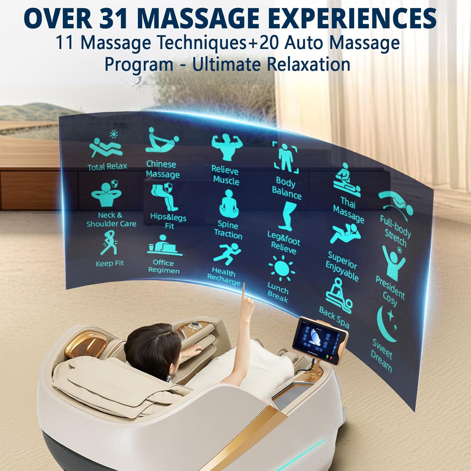 4D Massage Chair Full Body Zero Gravity OverSize Recliner with Body Scan | 55“ SL-Track,20 Auto Modes,11 Technique,40 Airbags Massage,with Yoga Stretch,APP Control,Negative Oxygen lons(Beige)