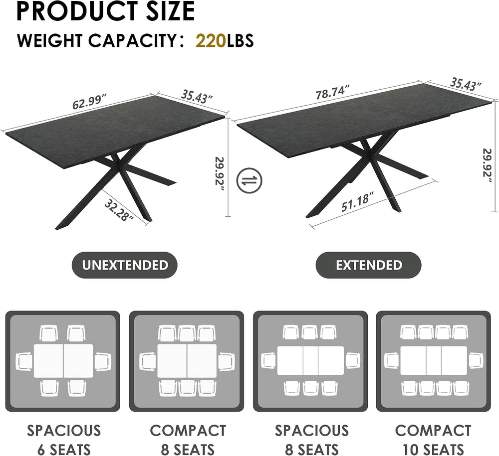 63-79 Inch Extendable Dining Table for 6-10, MDF Rectangular Kitchen Table wi...