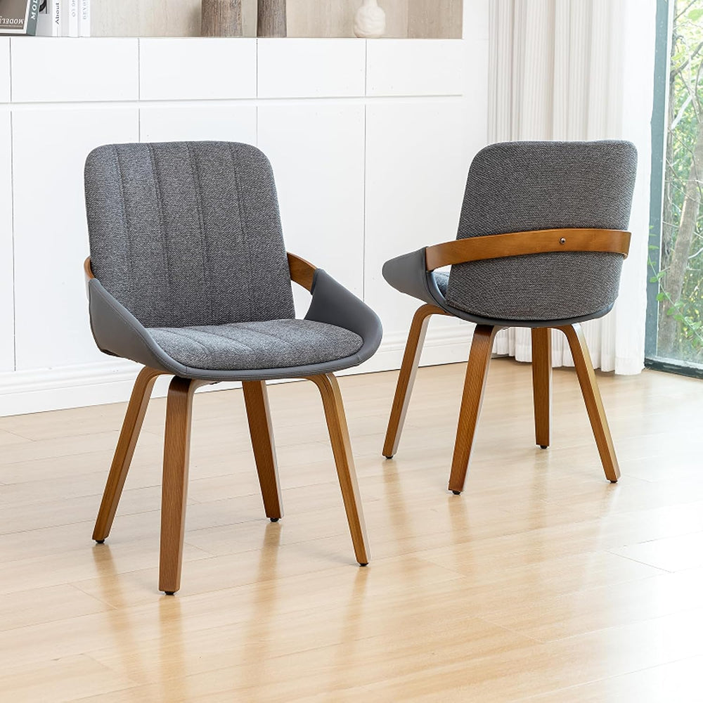 Dining Room Chairs Set of 2, Mid Century Modern Gray Fabric+Faux Leather Kitc...