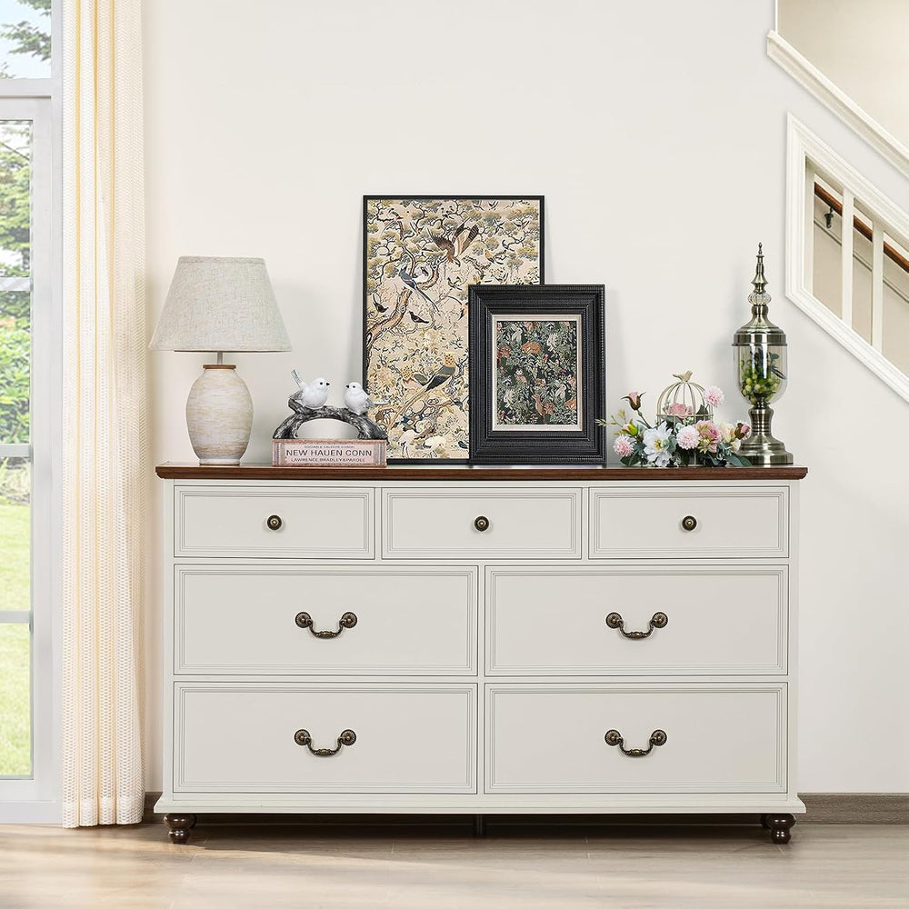 Joaxswe Farmhouse 54" 7 Drawers Dresser for Bedroom, White Wood Chest of...