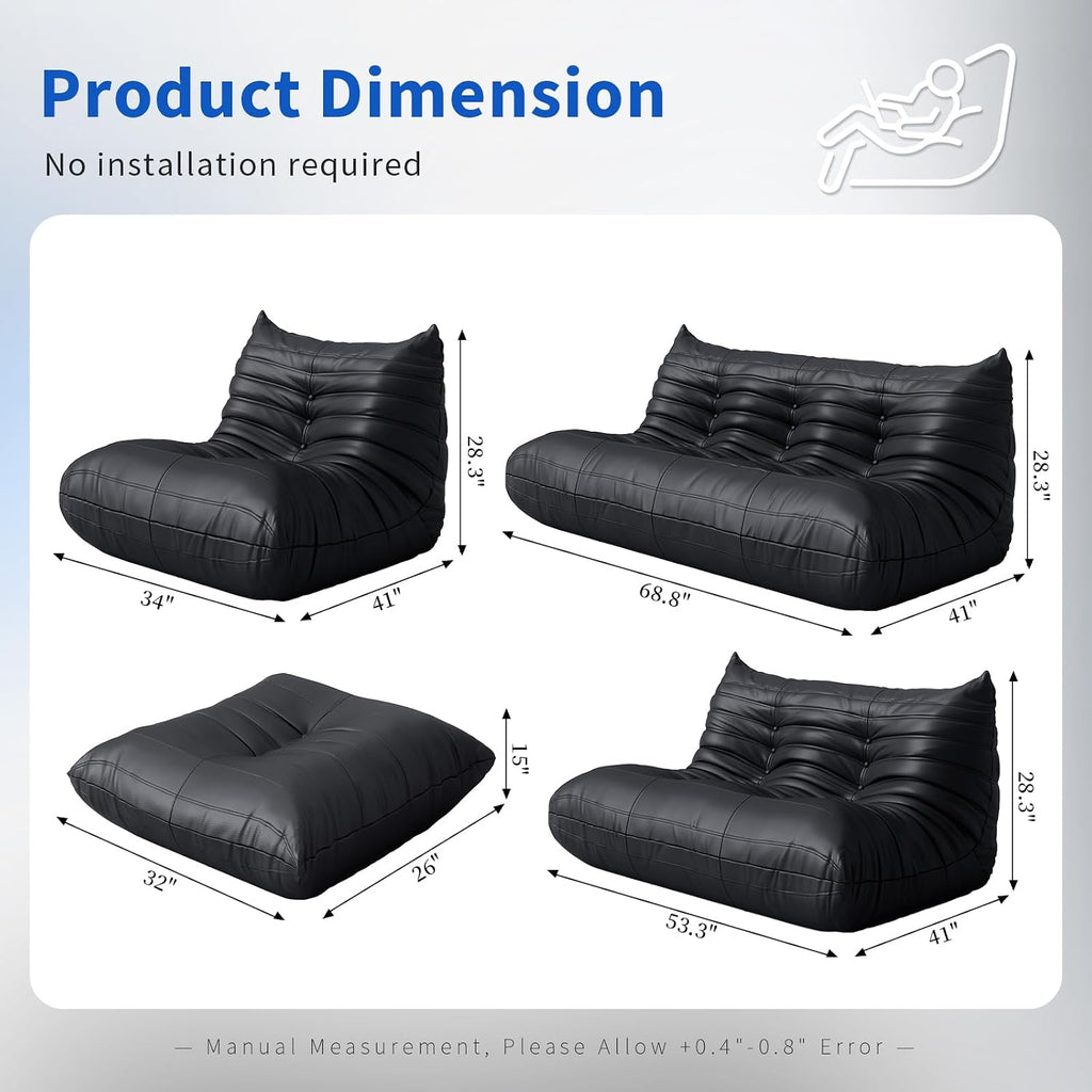 Foam Bean Bag Chairs for Adults,Big Faux Leather Bean Bag Lounger Couches, Modern Sofa,Floor Lazy Sponge Couch for Living Room Bedroom Dorm Office,Black