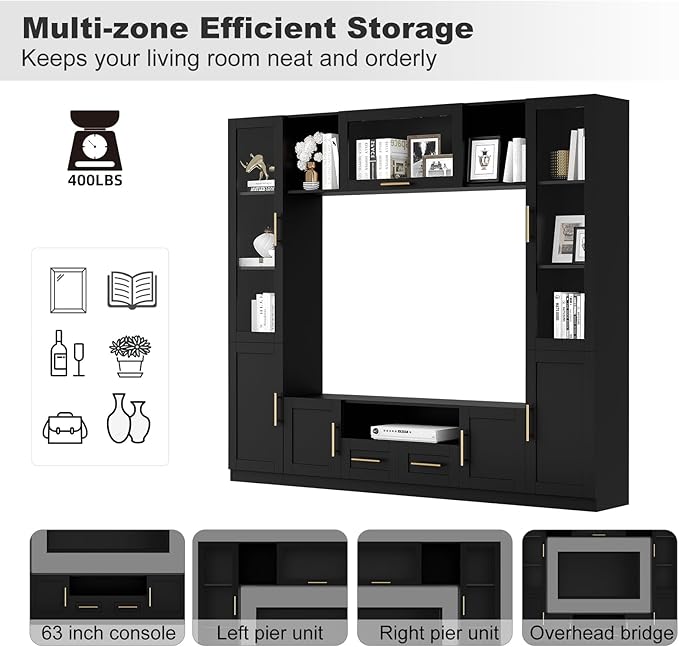 4-Piece Wall Unit TV Stand for TVs Up to 70", Modern Entertainment TV Wall Unit with LED Light, Large Wall Media Center for Living Room, Black