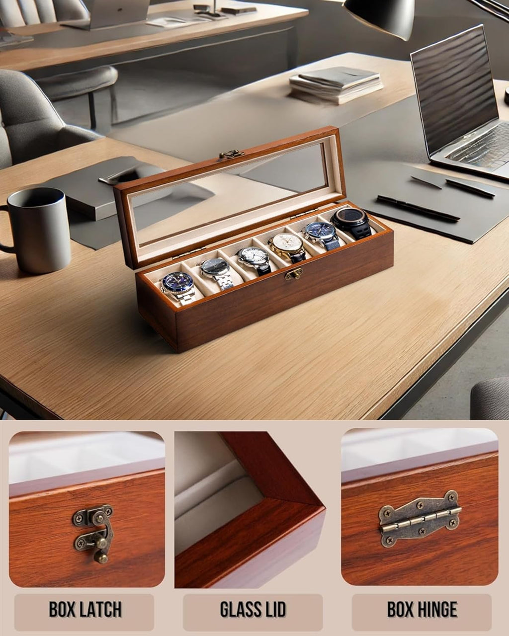 Watch Box, Watch Case for Men Women with Large Glass Lid, Wooden Watch Display Storage Box with 6 - Slots, Classic Walnut Mens Watch Box Organizer
