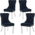 KCC Velvet Dining Chairs Set of 4, Upholstered High-end Tufted Dining Room Chair with Nailhead Back Ring Pull Trim Stainless Steel Legs, Contemporary Nikki Collection Modern Style for Kitchen, Black