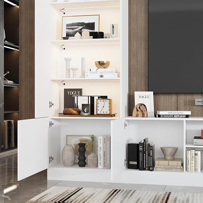 WOODTIME White 114" Large Wall Unit Entertainment Center with Bookshelves, Lights and 18 Shelves, Modern 4-Piece TV Stand Media Console Table with Bridge Cabinet for Living Room & Home Theater
