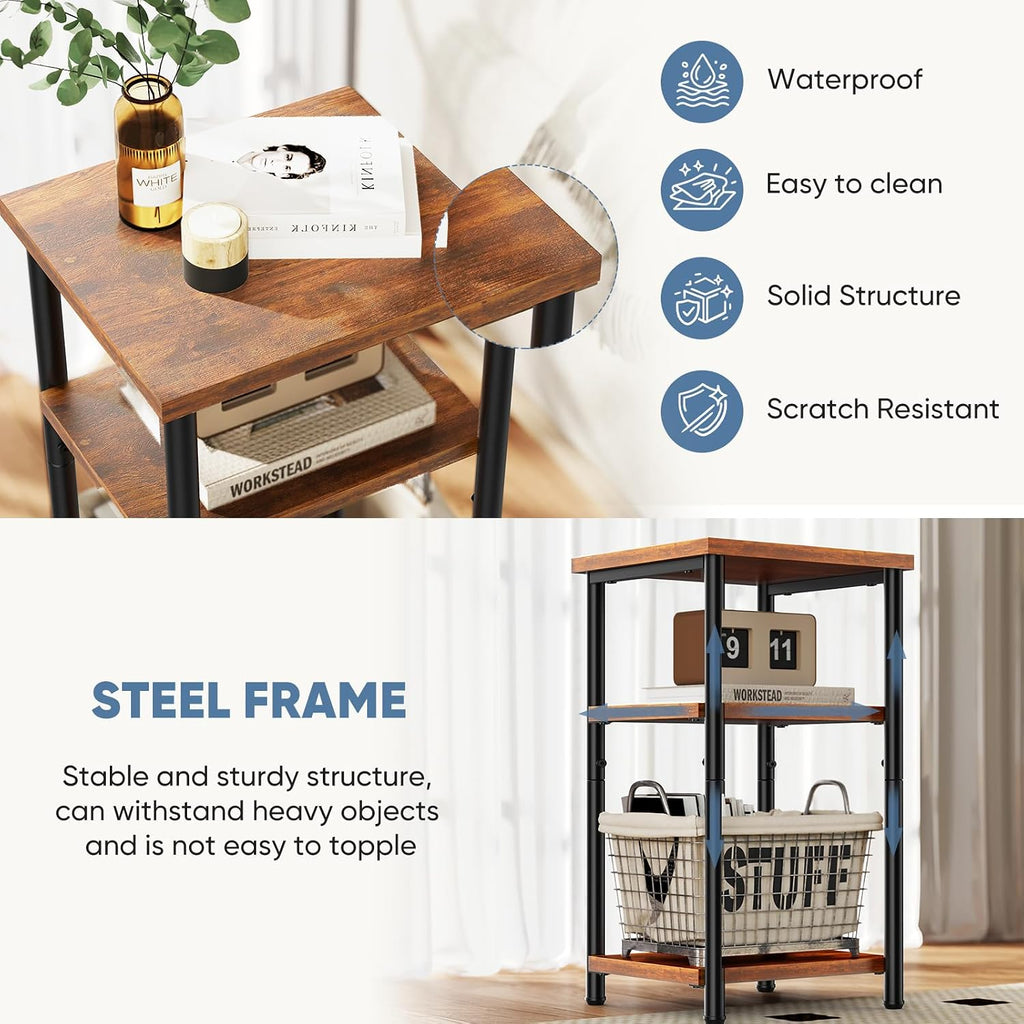OLIXIS 3-Tier Small Side Table for Small Spaces, Bedroom Nightstand | 23'' Tall Bedside Table with Open Shelf and Adjustable Feet for Living Room, Bedroom, Office, Dorm, Walnut Brown