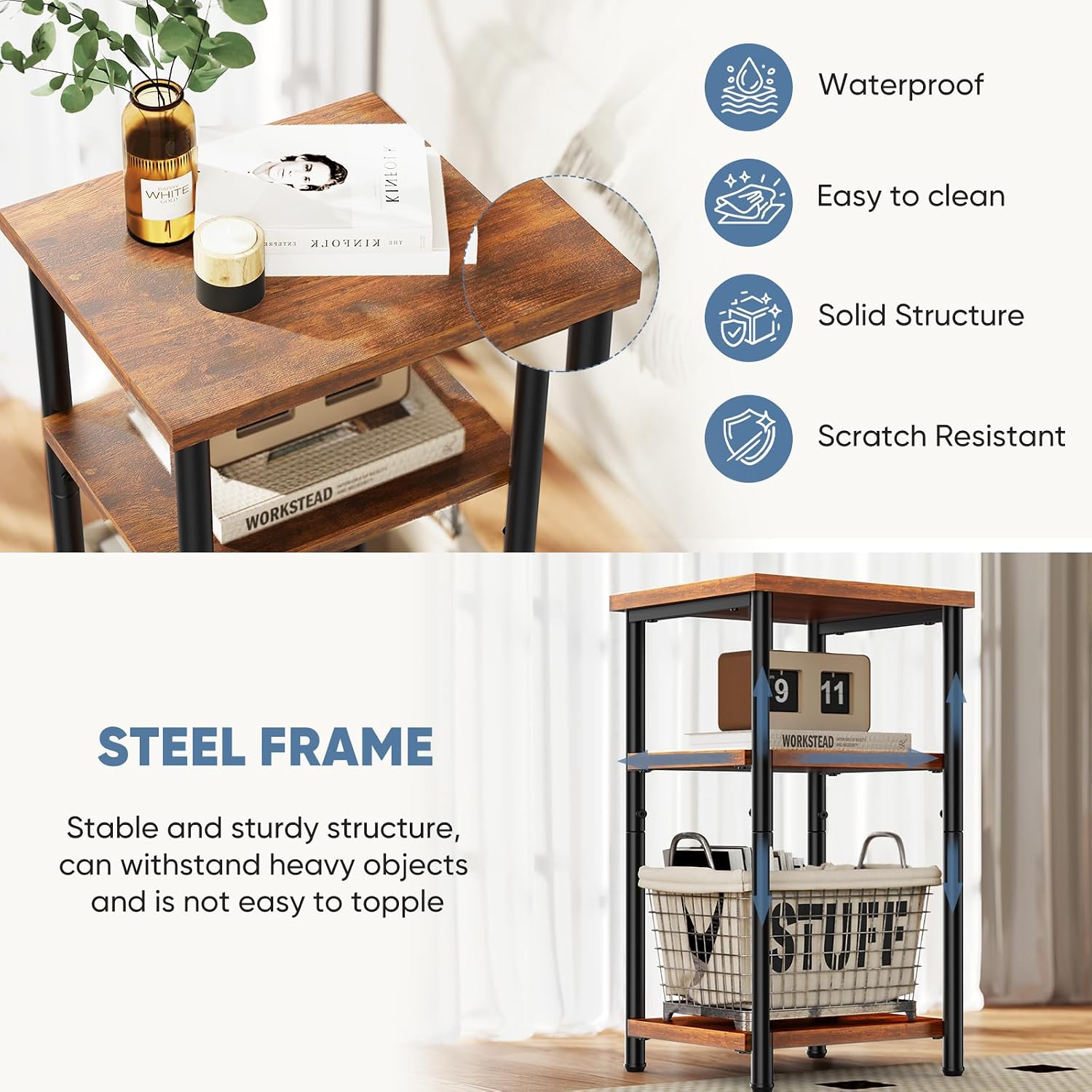 OLIXIS 3-Tier Small Side Table for Small Spaces, Bedroom Nightstand | 23'' Tall Bedside Table with Open Shelf and Adjustable Feet for Living Room, Bedroom, Office, Dorm, Walnut Brown