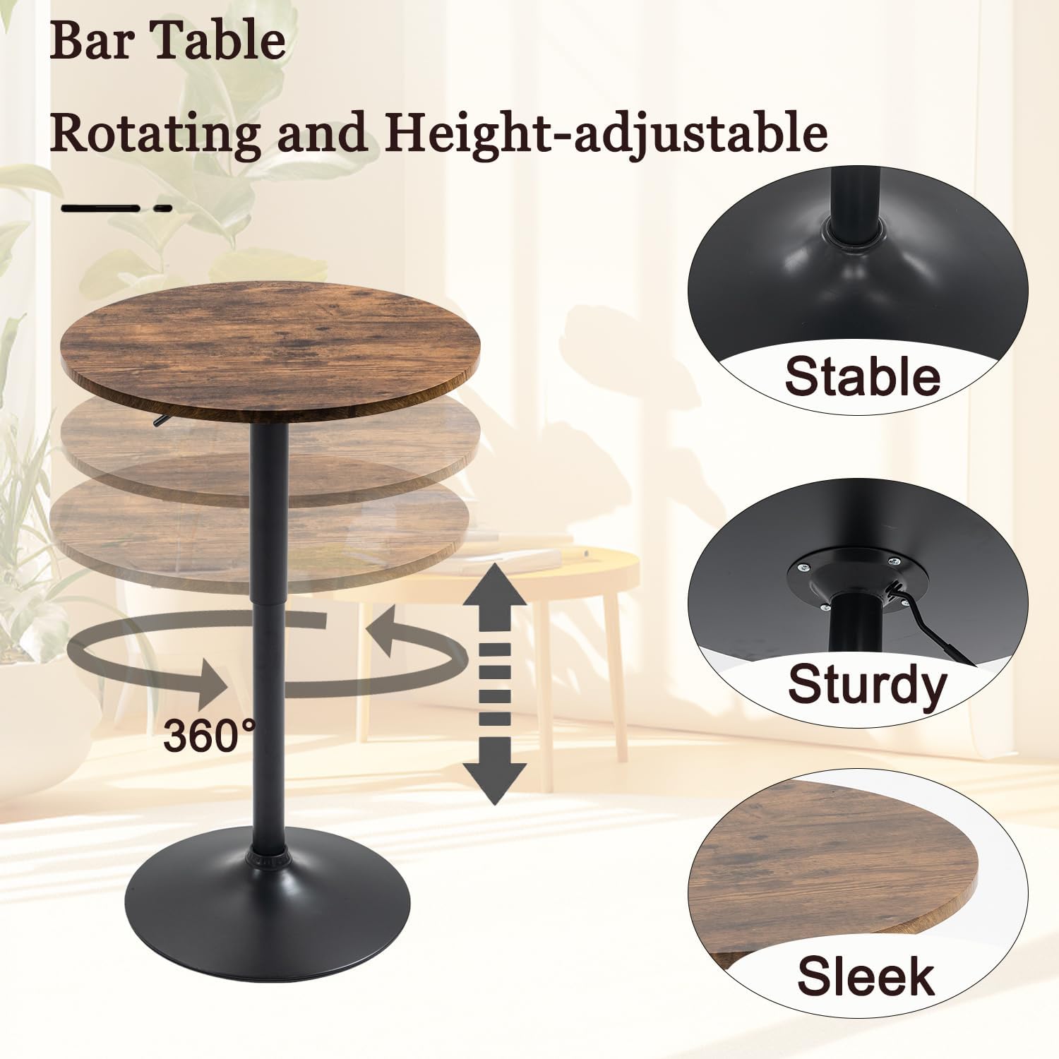 Round Bar Table Height Adjustable with MDF Top, 23.6 i n Modern Cocktail Bar Table with 360 Swivel for Suitable for Small Space, Kitchen, Dining Room, Restaurant Brown