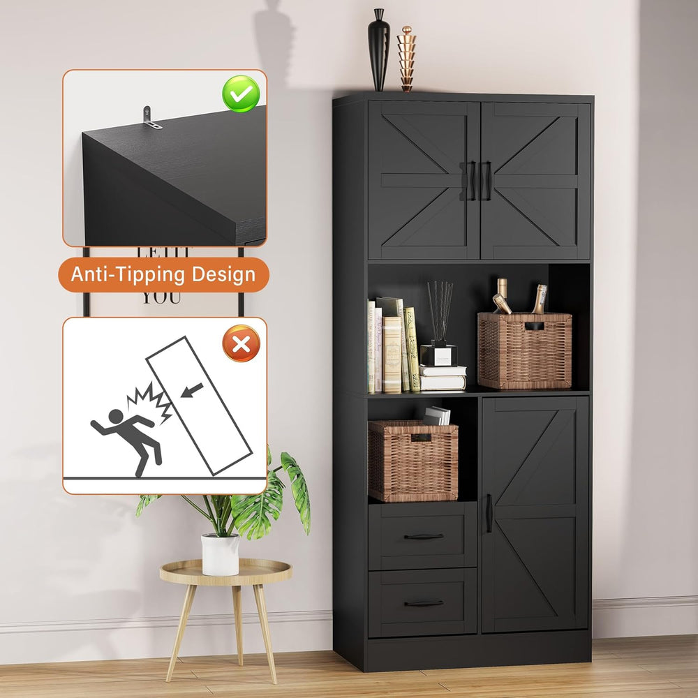 Bigbiglife Farmhouse Kitchen Pantry Cabinet with LED Lights and Power Strip, ...