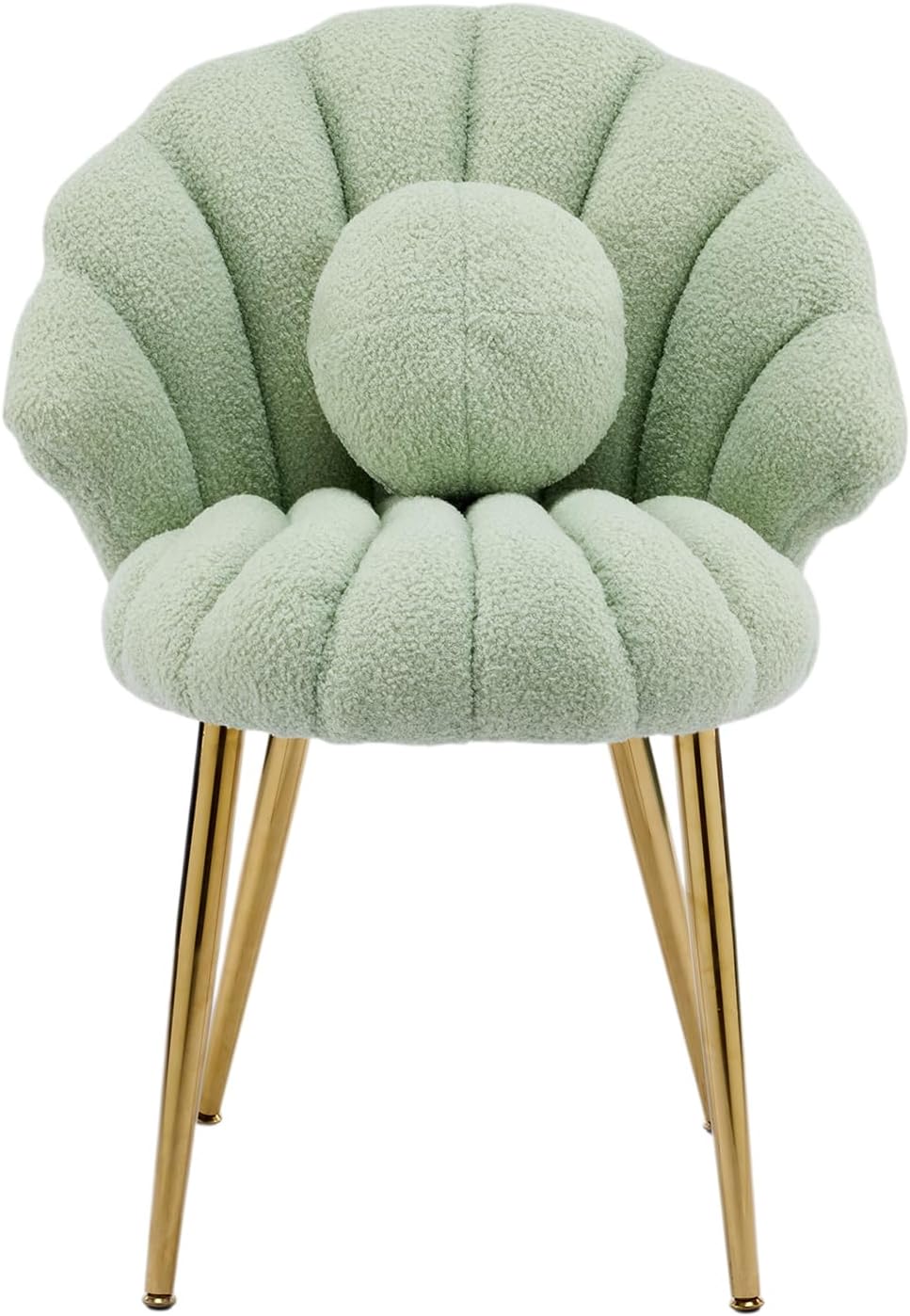 VINGLI Shell-Shaped Teddy Fleece Accent Vanity Chair with Back,Comfy Green and Gold Desk Chair No Wheels,Cute Small Pearl Deco Pillow,Gift for Girls/Women,for Makeup,Office,Dining,Nail,Sewing,Bedroom