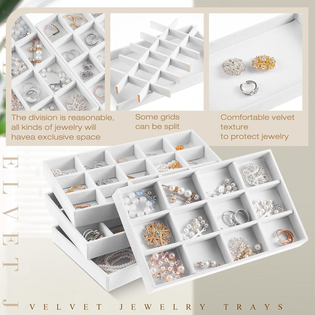 Junkin 12 Pcs Jewelry Tray Velvet Stackable Jewelry Organizer Trays Divided Earring Accessories Storage Containers Box (Rose Red)