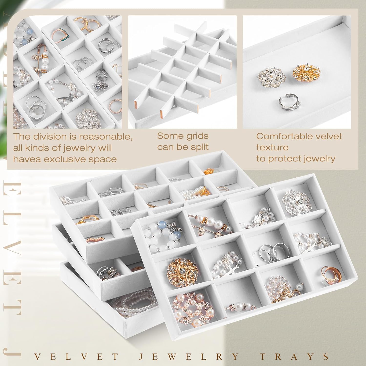 Junkin 12 Pcs Jewelry Tray Velvet Stackable Jewelry Organizer Trays Divided Earring Accessories Storage Containers Box (Rose Red)