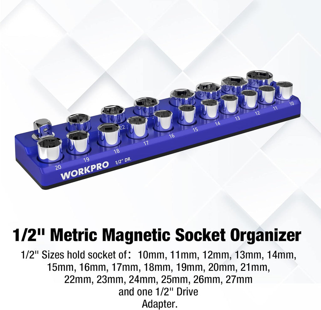 WORKPRO Magnetic Socket Organizer, 1/2-Inch Metric Socket Holder, Socket Trays Holds 19 Pieces Standard Size and Deep Size Sockets(Sockets not Included)