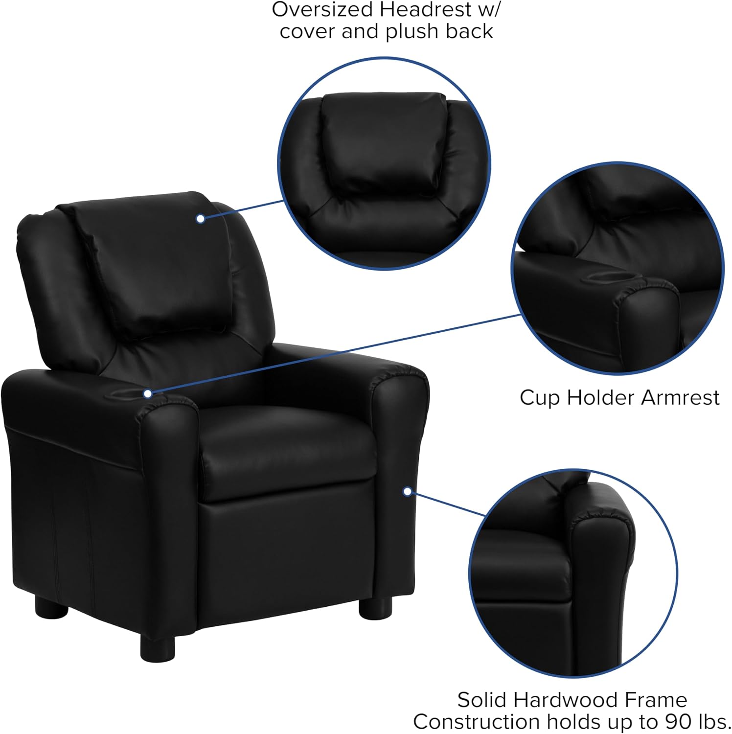 Flash Furniture Vana LeatherSoft Kids Recliner with Cup Holder, Headrest, and Safety Recline, Contemporary Reclining Chair for Kids, Supports up to 90 lbs., Black