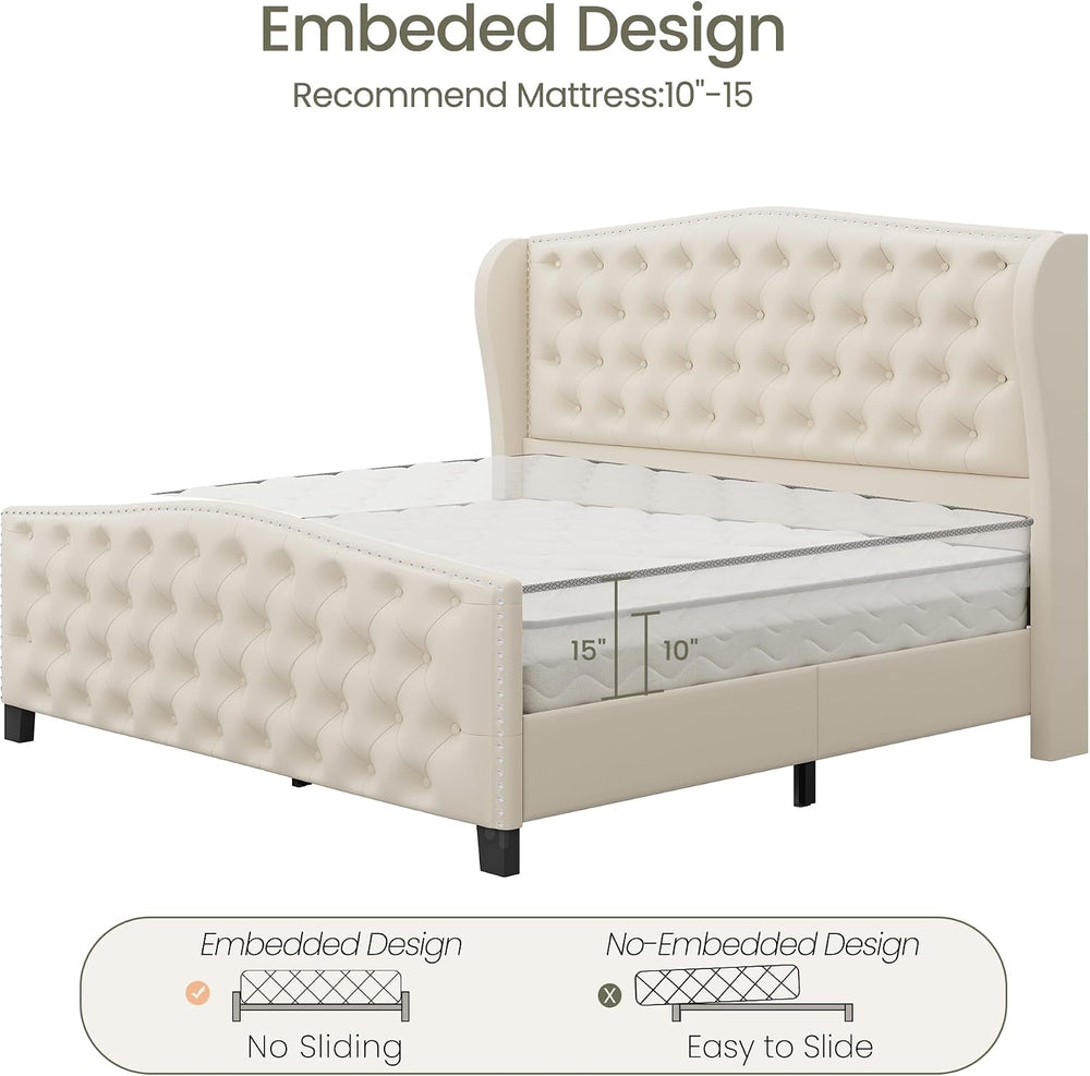 LARMACE Queen Size Bed Frame Velvet Upholstered Platform Bed with Wingback He...
