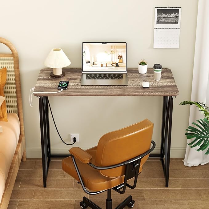 Small Desk, 31.5" Folding Table for Bedroom with Power Outlet, Space Saving Folding Computer Desk for Home Office, Easy Assembly, Light Brown