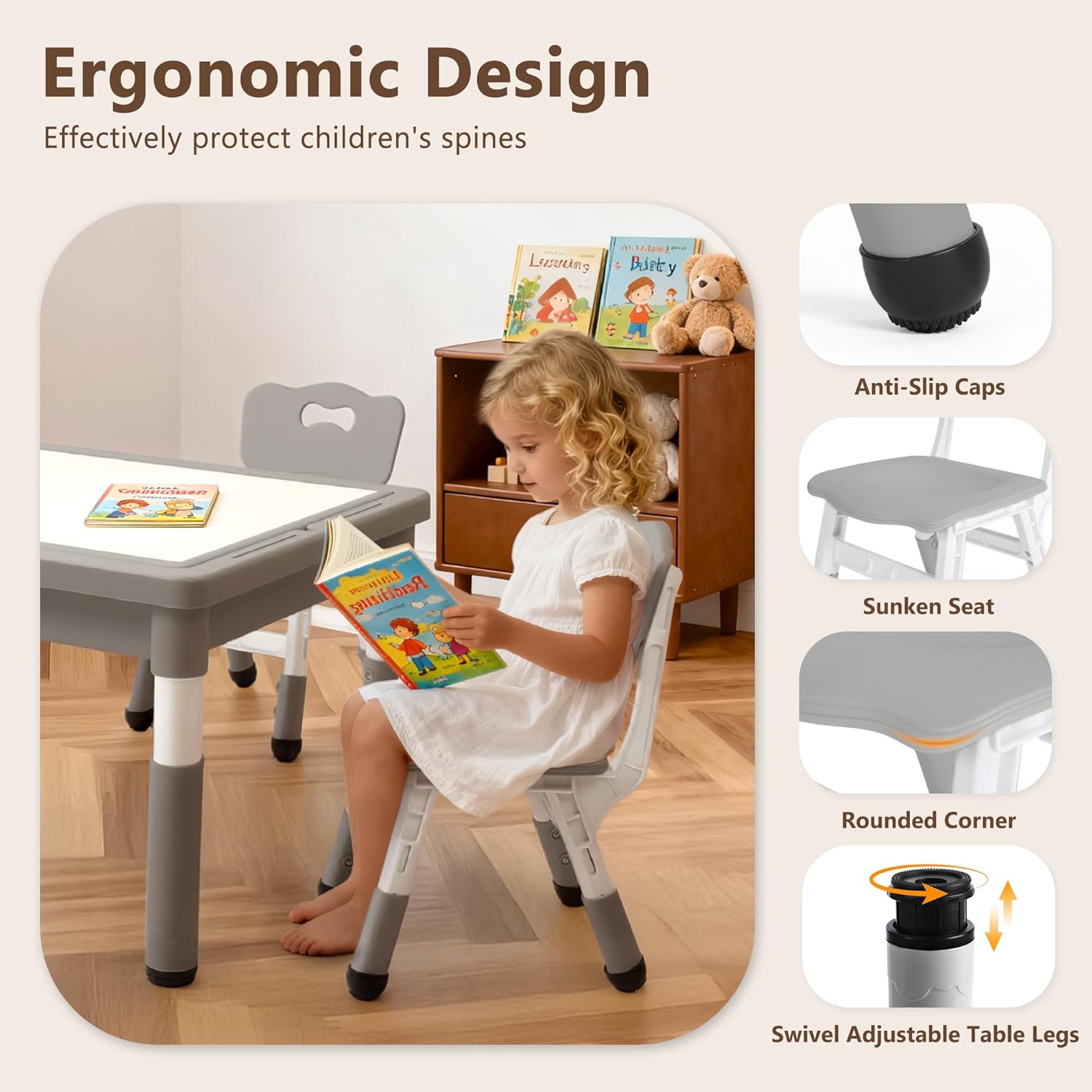 Kinder King Kids Table & 2 Chairs Set, Height Adjustable Children Activity Table w/Storage, Graffiti & Building Blocks Tabletop, Toddler Furniture Set for Classroom, Daycare, Home, Age 3+, Grey