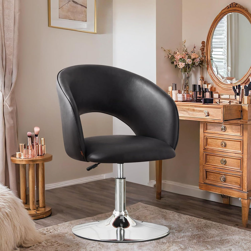 Furniliving Vanity Chair with Arm, PU Leather Chair for Vanity, Swivel Accent Chair, Adjustable Height Makeup Chair with Chrome Base, Living Room Chair for Bedroom, Makeup Room, Study Room, Black