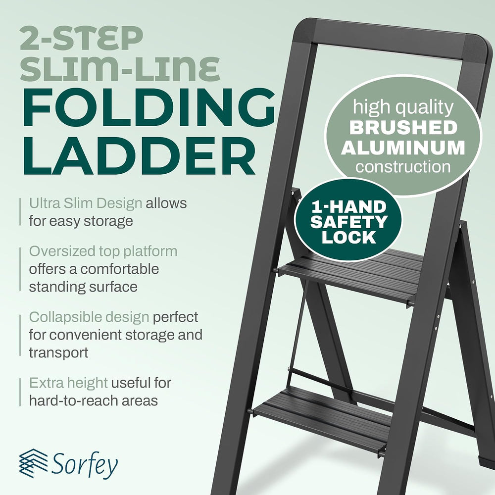 Step Ladder 2 Step Folding, Decorative - Modern Beautiful Black Aluminum,Lock...