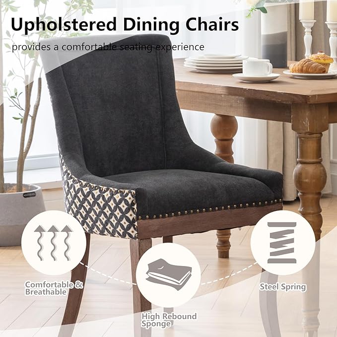 Modern Dining Chairs Set of 4, High Back Dining Chairs Side Chairs with Solid Wood Legs, Upholstered Fabric Dining Room Chairs for Dining Room Kitchen, Black and Patterned