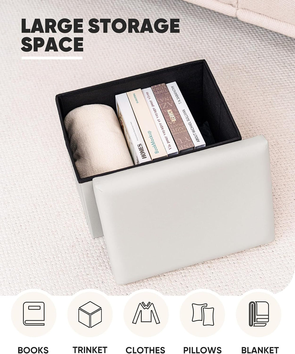 B FSOBEIIALEO Folding Storage Ottoman, 16.5" Faux Leather Ottomans, Whit...