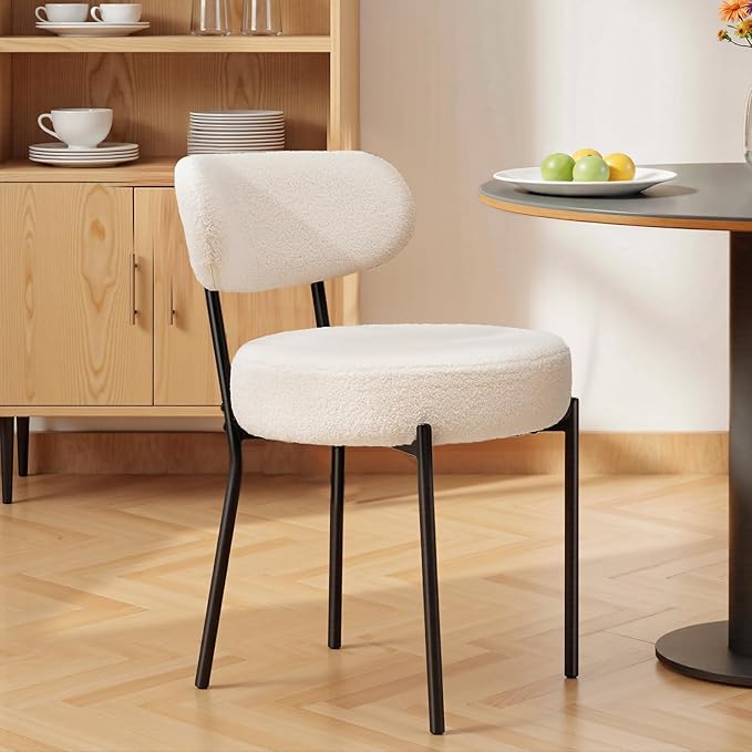 DUMOS Dining Chairs Set of 4, Mid Century Modern Chair Round Upholstered Curved Backrest, Kitchen Vanity Living Room Chairs with Black Metal Legs，Light Beige