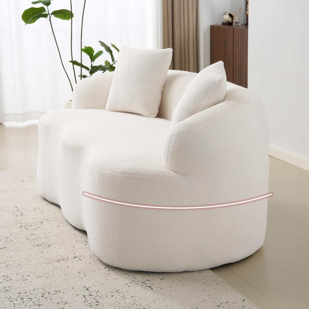 72” Curved Loveseat Sofa, Modern Teddy Boneless Couch with 2 Pillows for Small Spaces Living Room Bedroom, No Assembly Required (Cream White)