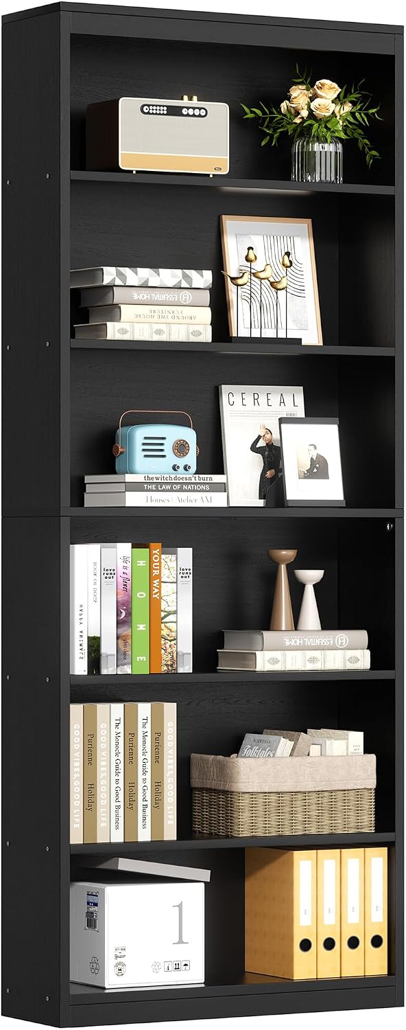 Vongrasig 71" H Tall Bookshelf, Modern Wood Display Bookcase, Black