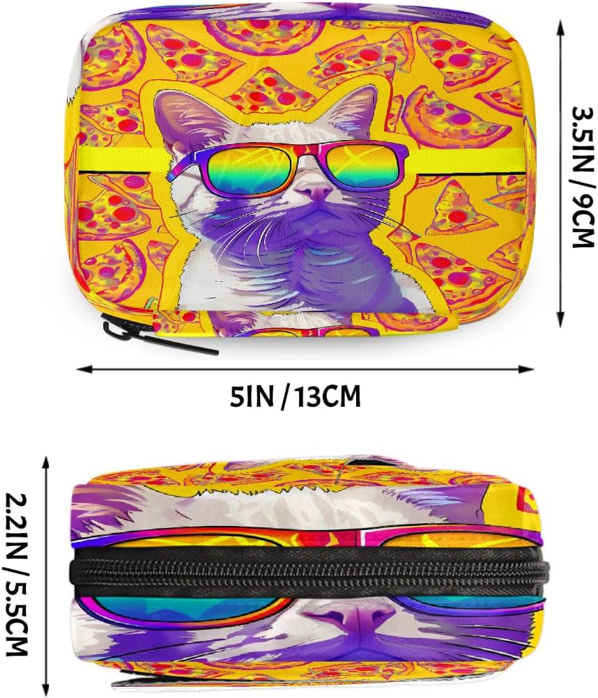 Sunglasses Cat Pizza Pattern Pill Organizer Travel Medicine Case with Zipper Daily Vitamin Storage Bag Portable 8 Slot Weekly Pill Box Supplement Holder for Home Office Gym Travel