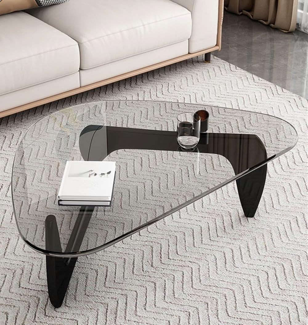 Mid-Century Modern Glass Coffee Table,Triangle Tempered Glass Top Wooden Base