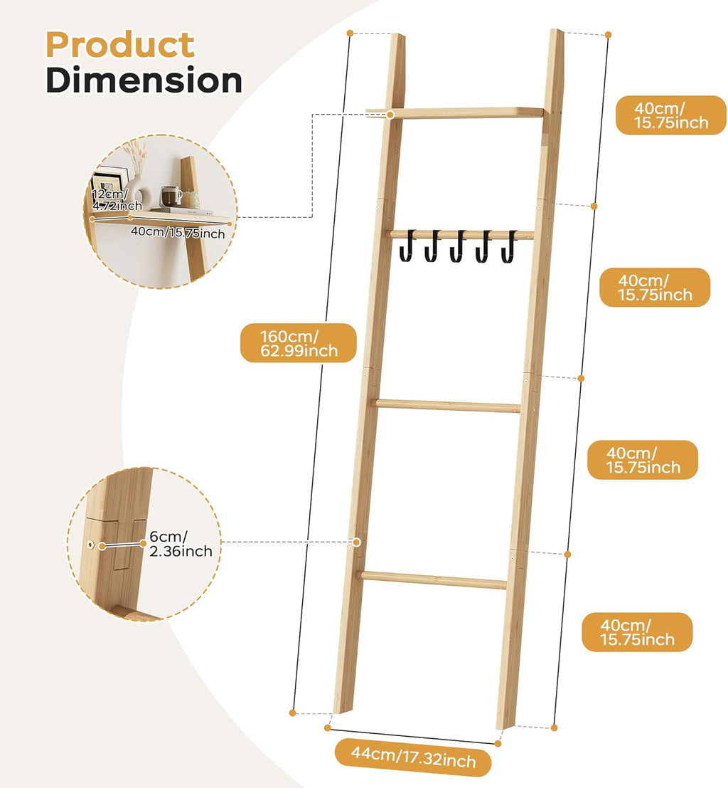 63" Bamboo Blanket Ladder with Shelf and 5 Hooks, Leaning Blanket Rack | 4 Tier Farmhouse Towel Ladder Rack, Decorative Quilt Rack Holder for Living Room Bedroom Bathroom, Natural Wood