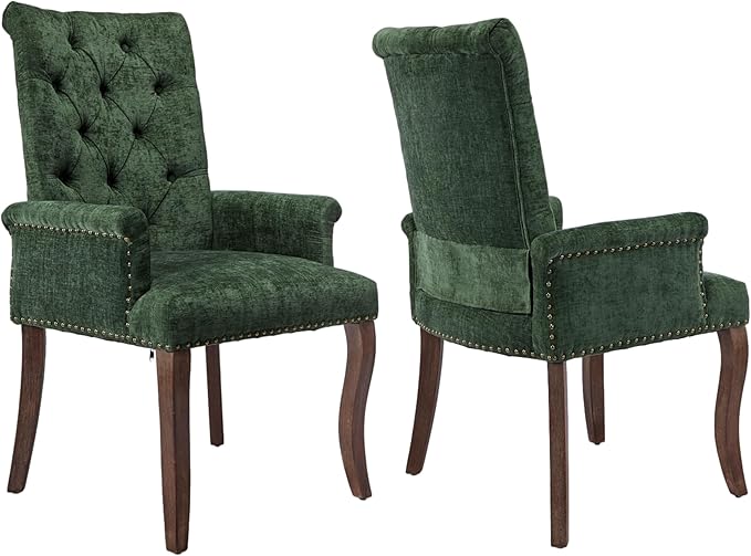 Upholstered Tufted Chenille Dining Chairs with Arms & Nailhead Trim – Solid Wood Frame & Legs, Modern Farmhouse for Dining, Kitchen & Living Room (Set of 2, Olive Green)