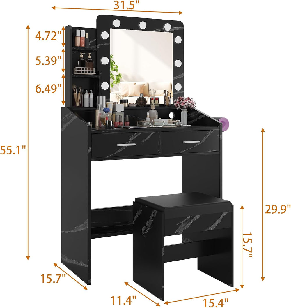 Patikuin Vanity Desk with Mirror and Lights for Bedroom, Marble Black Modern ...