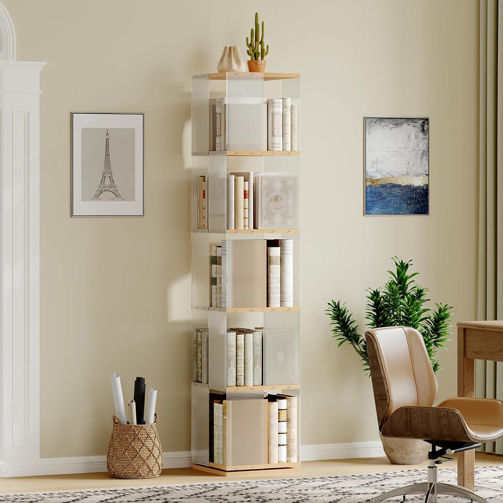YATINEY 5-Tier Rotating Bookshelf, 360 Spinning Bookcase Tower, Corner Booksh...