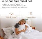 Threadmill Luxury Full Size Sheets | 656 Thread Count Certified Supima Cotton for Full Size Mattress | 5-Star Hotel Quality 4 Piece Bed Sheets with Extra Deep Pocket | White Sheets