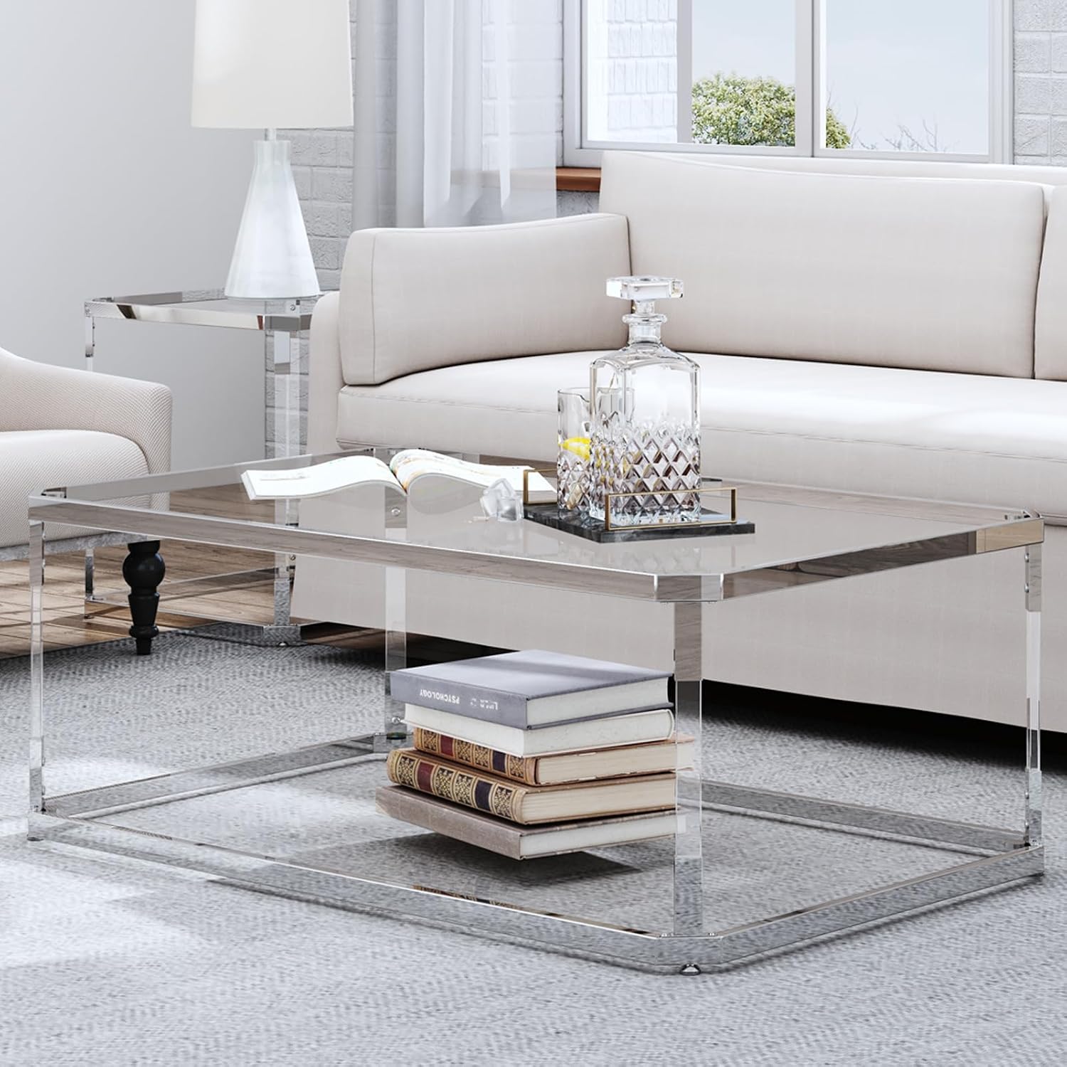 Glass Coffee Table, Clear Coffee Table with 2 Tiers, Acrylic Leg, Chrome Frame, Rectangular Center Table for Living Room (Chrome-New)