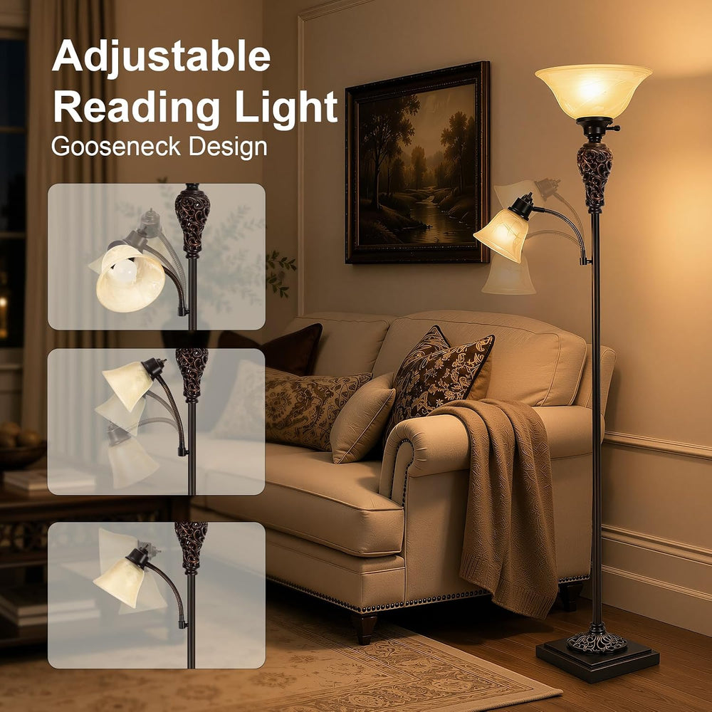 Vintage Torchiere Floor Lamp with Adjustable Reading Light, 72" Tall, Brown
