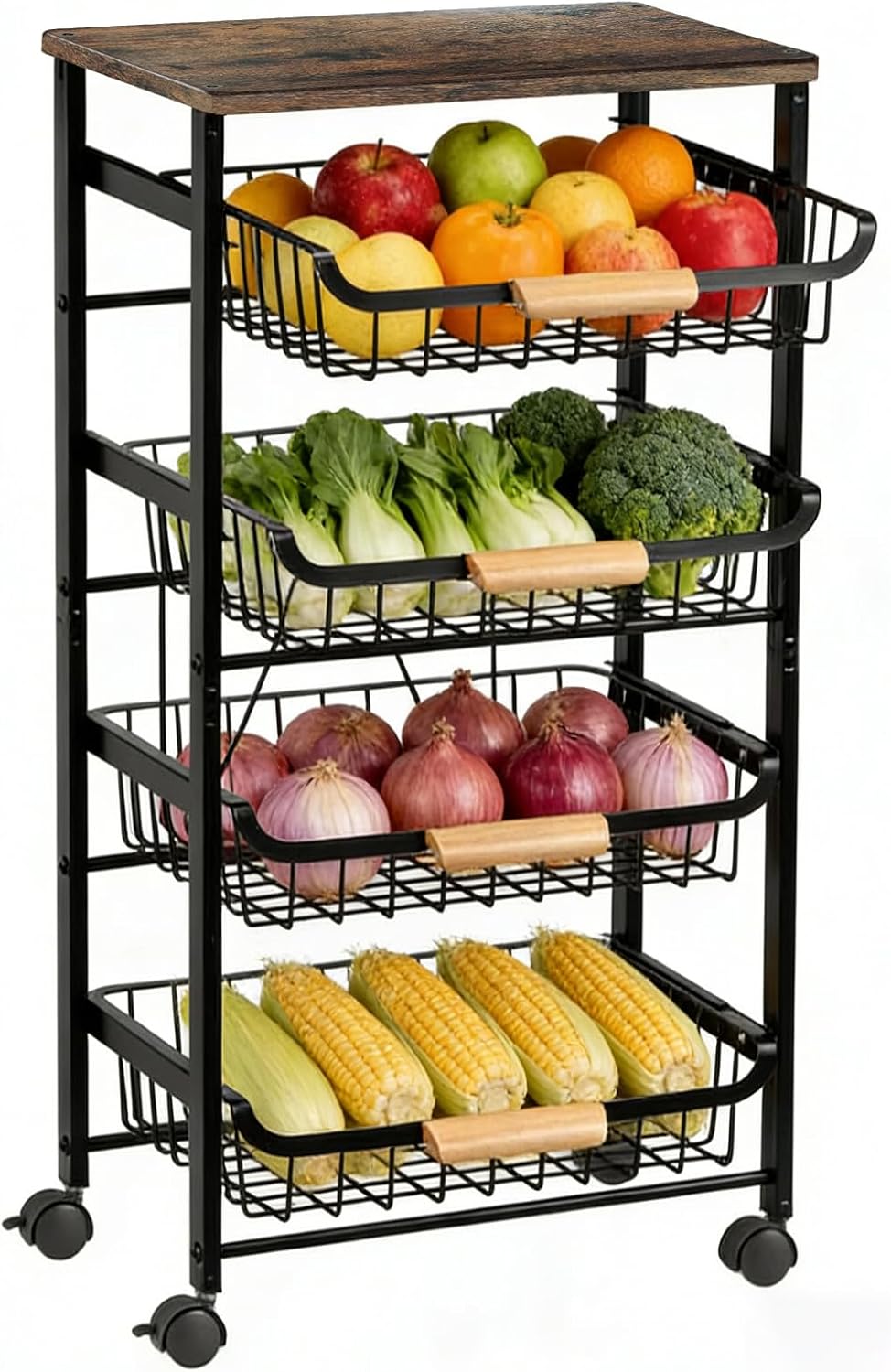5-Tier Utility Kitchen Cart Storage with Pull-Out Baskets and Wood Top,Heavy Duty Multi Rolling Pantry Kitchen Cart on Wheels for Fruit Potato Onion Vegetable Snack Produce,Black