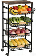 5-Tier Utility Kitchen Cart Storage with Pull-Out Baskets and Wood Top,Heavy Duty Multi Rolling Pantry Kitchen Cart on Wheels for Fruit Potato Onion Vegetable Snack Produce,Black