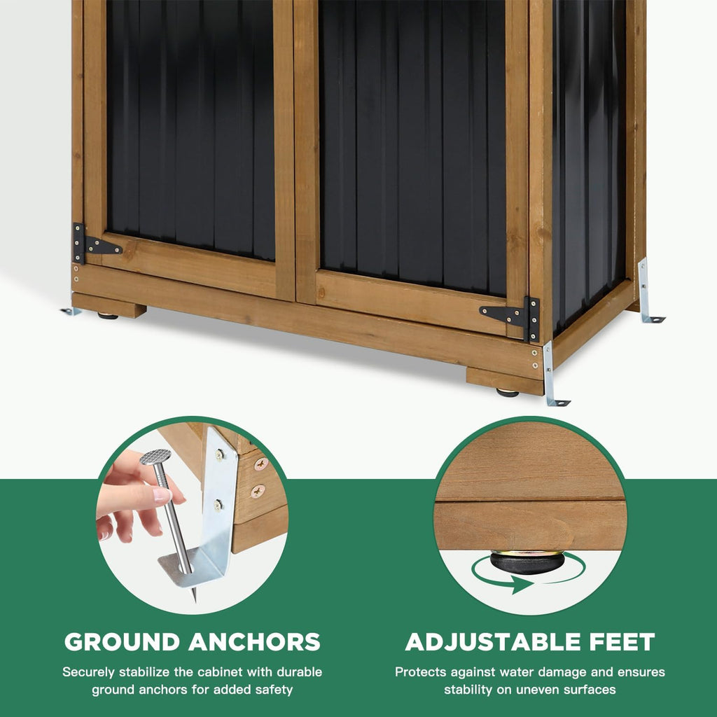 Outdoor Storage Cabinet, Wood & Metal Storage Shed with Weather-Resistant Roof, Double Lockable Doors, Removable Shelves & Adjustable Feet, for Patio, Backyard, Poolside, 46" x 18" x 68"