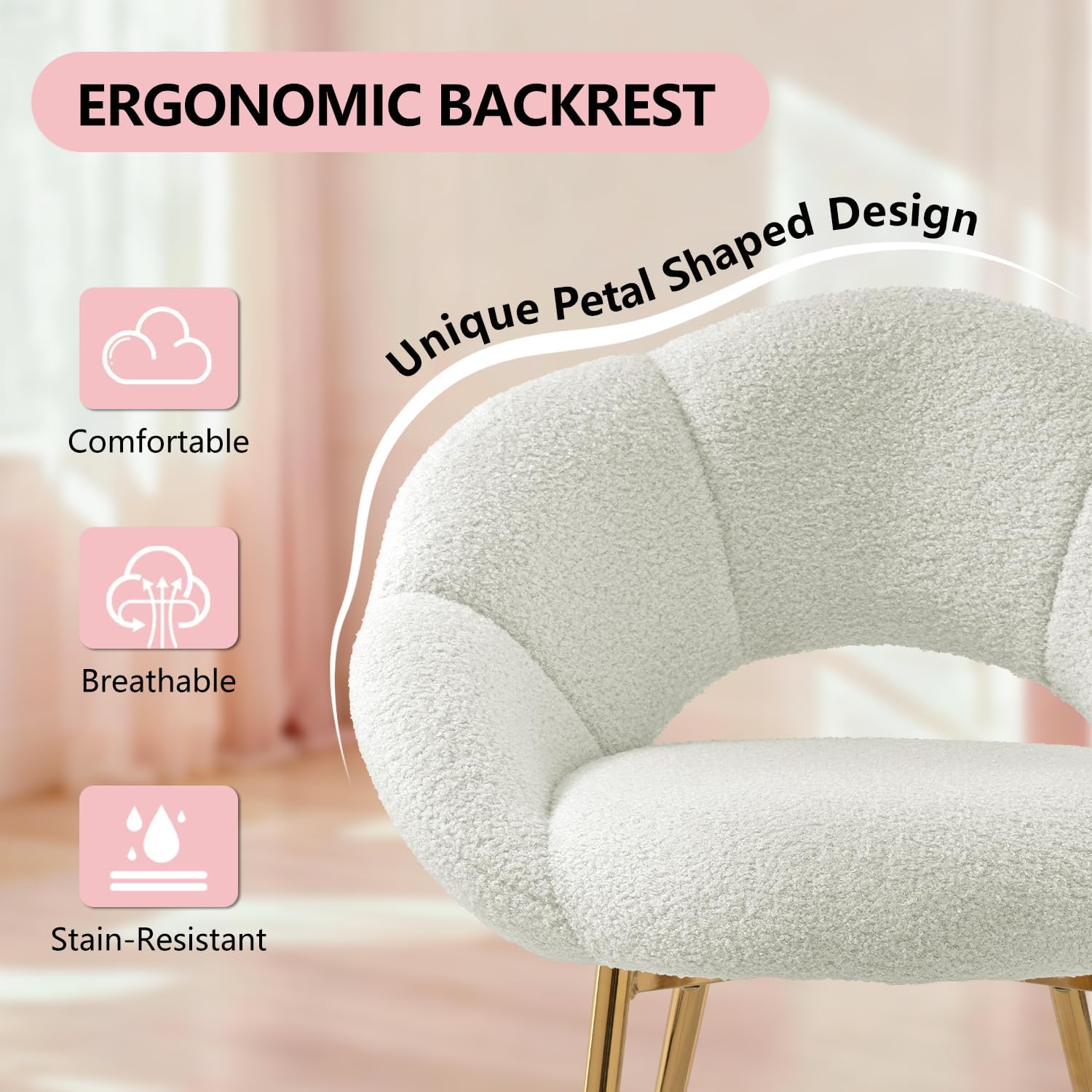 Petal Makeup Vanity Chair with Back,Modern Dining Chair,Upholstered Desk Chair for Girls with Gold Metal Legs for Home Office,Bedroom, (White)