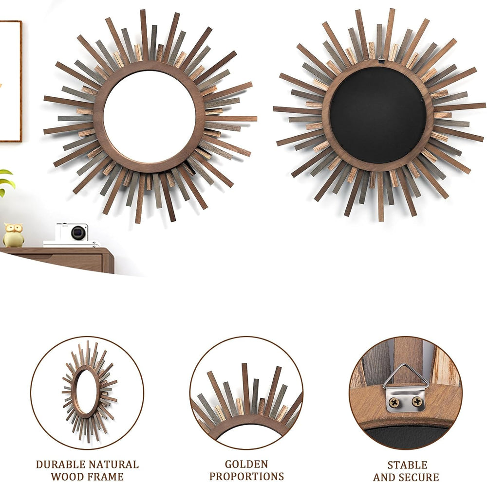 24 Inch Boho Sunburst Mirror, Decorative Rustic Farmhouse Wall Decor for Livi...