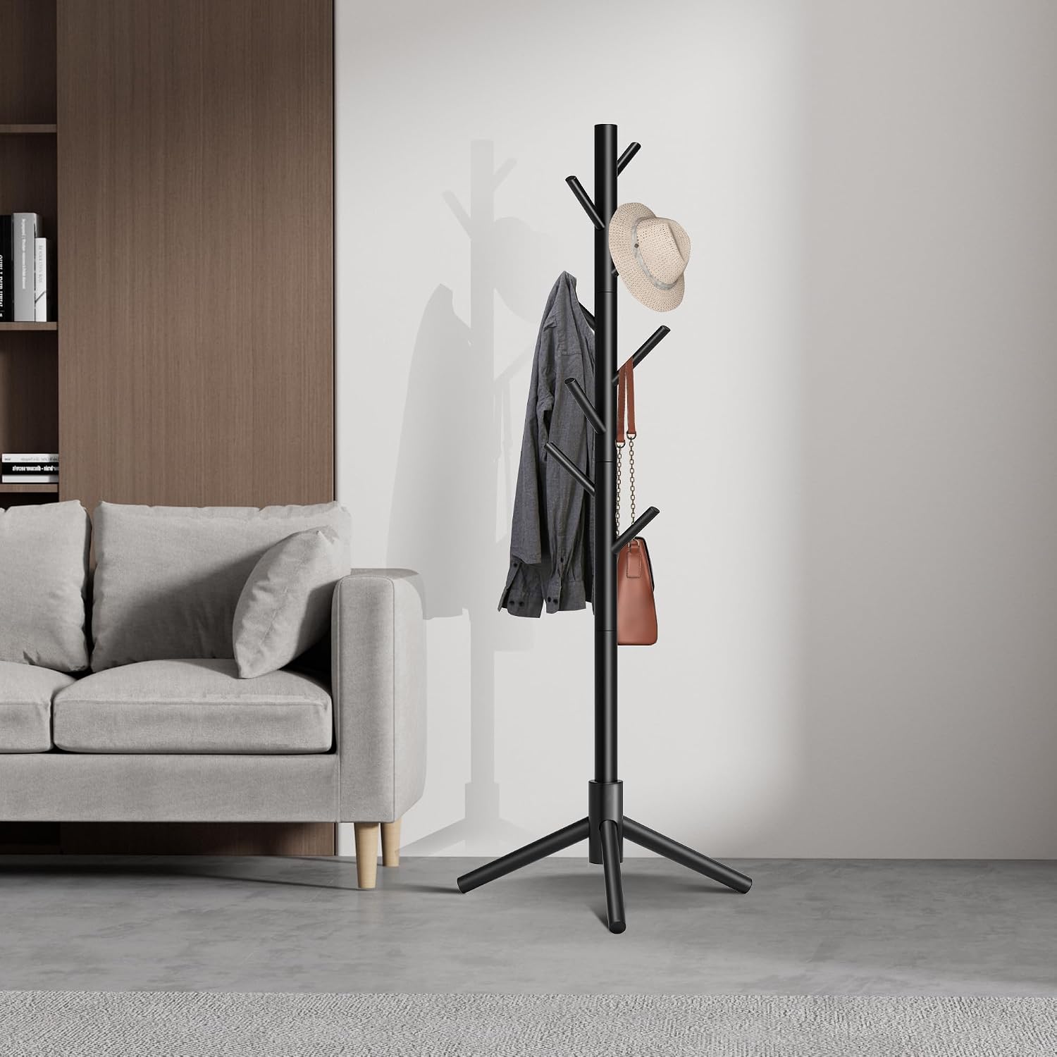 Coat Rack, Coat Racks Freestanding with 8 Hooks 3 Adjustable Heights for Clothes, Hats, Handbags, Coat Tree Easy Assembly for Entryway, Bedroom, Hallway, Office(Black)