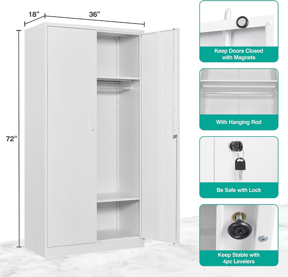 Metal Wardrobe Cabinet with Hanging Rod & Lock,White Armoire Wardrobe Clo...