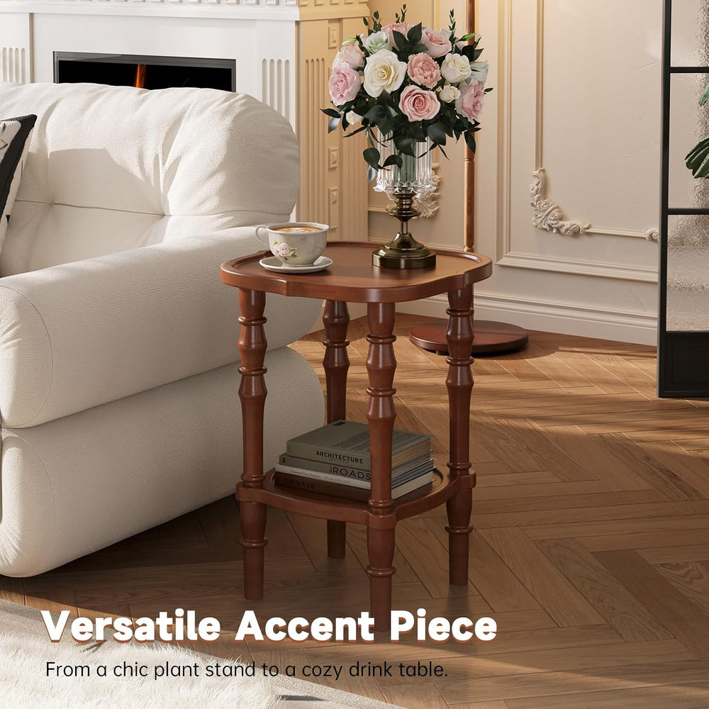 100% Solid Wood Side Table, Vintage 2-Tier Small Round End Table, Nightstand ...